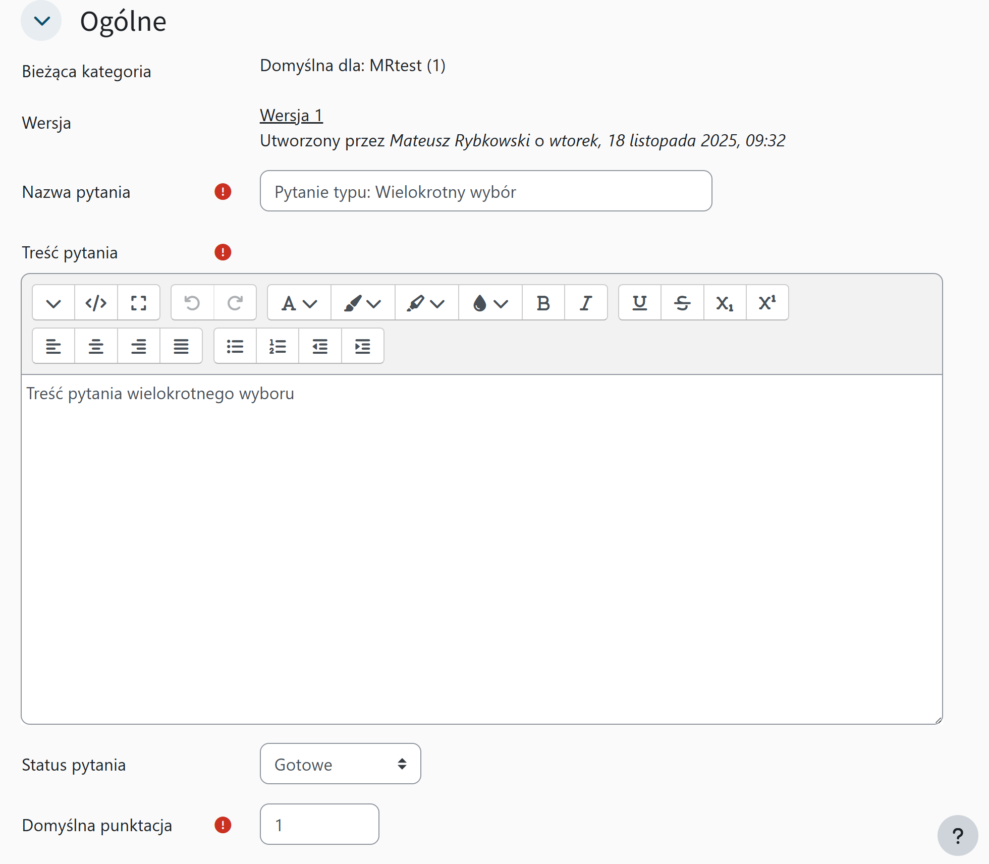Ustawienia ogólne pytania wielokrotnego wyboru