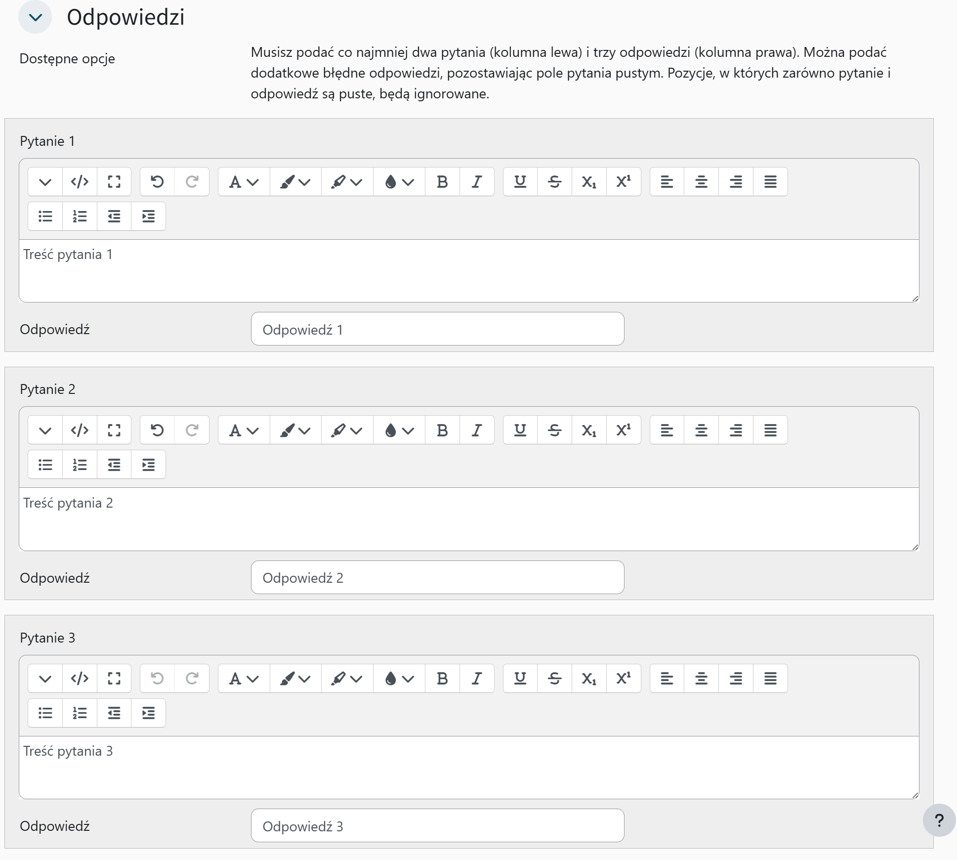Przykładowe odpowiedzi z treścią dla pytania typu: dopasowanie