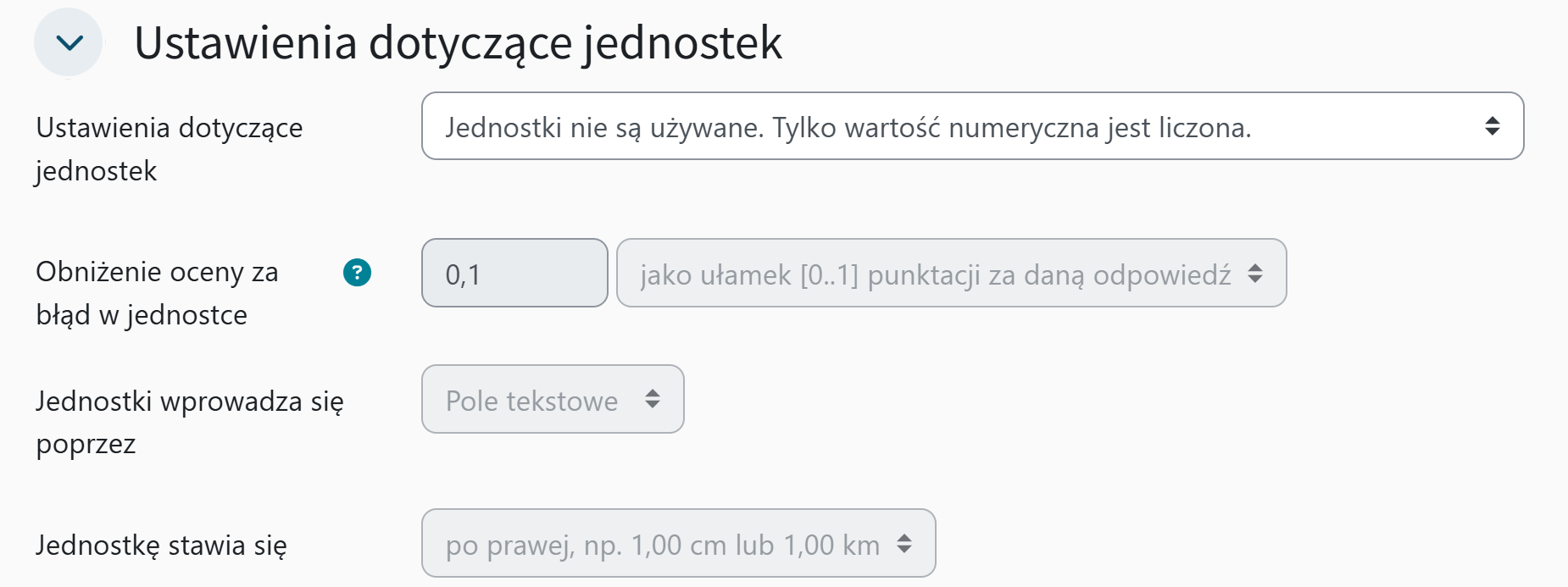 Ustawienia dotyczące jednostek