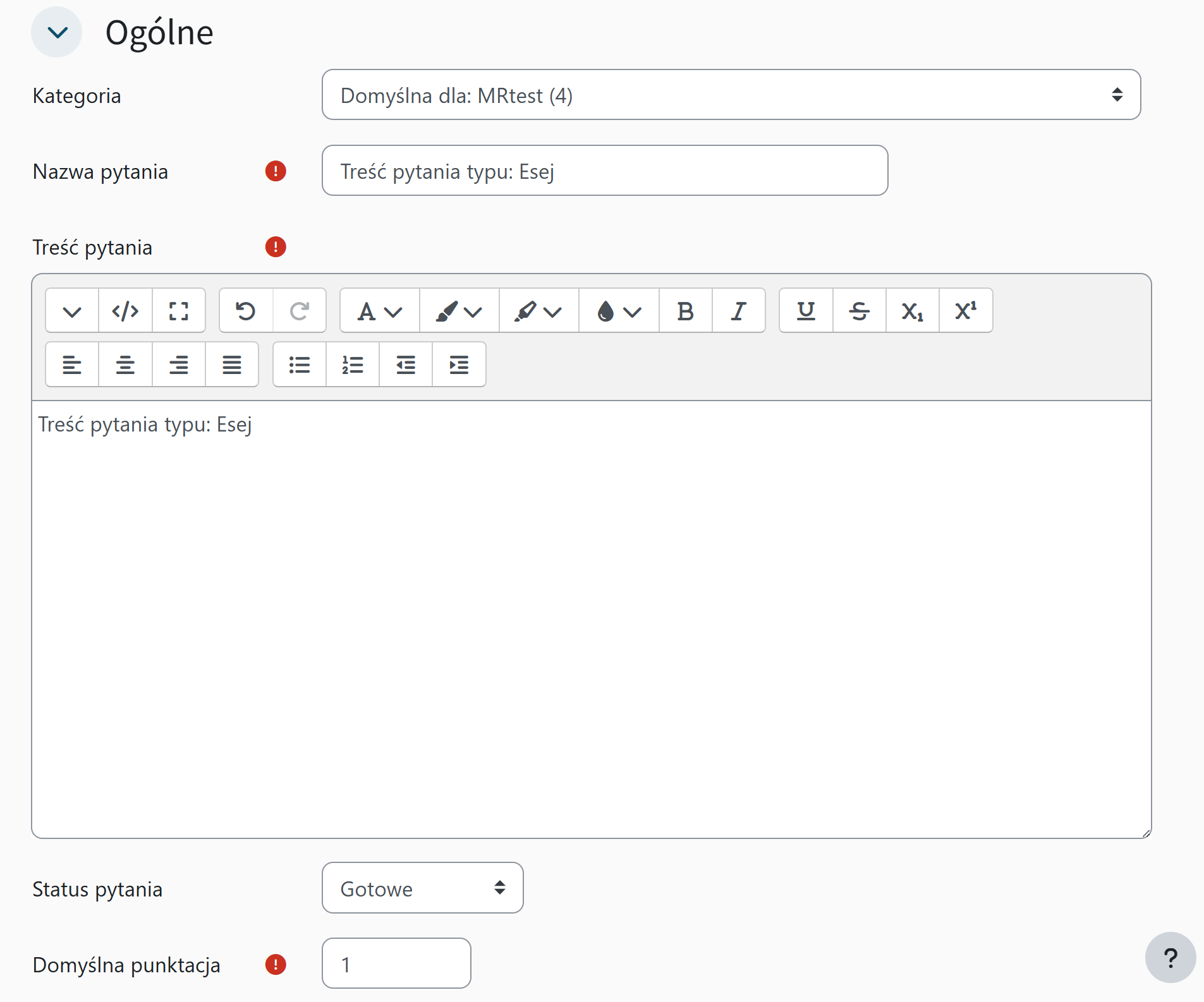 Ustawienia ogólne dla pytania typu esej