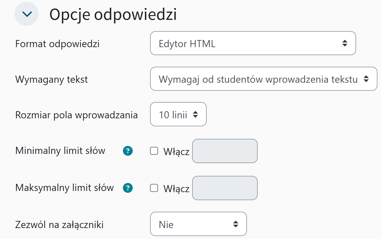 Ustawienia opcji odpowiedzi
