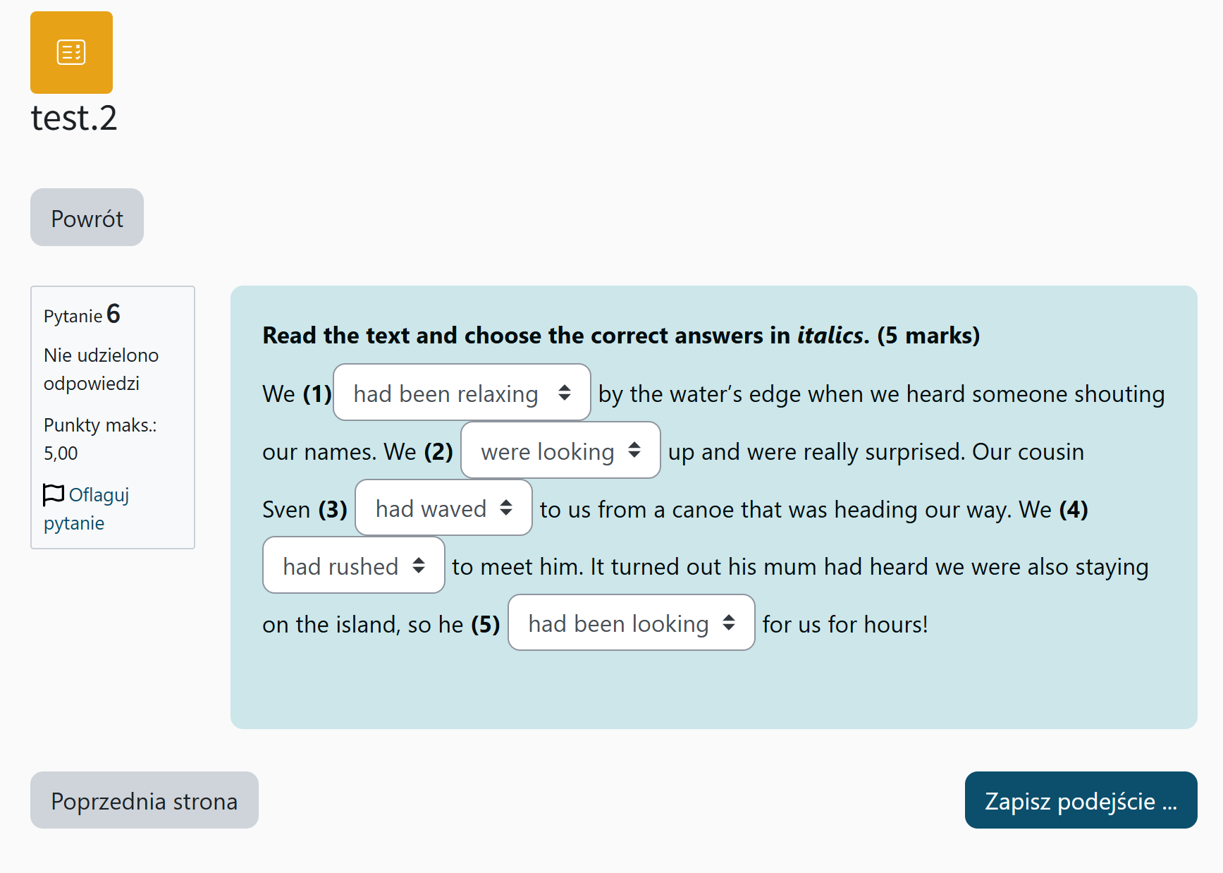 Podgląd uzupełnionego pytania zagnieżdżonego