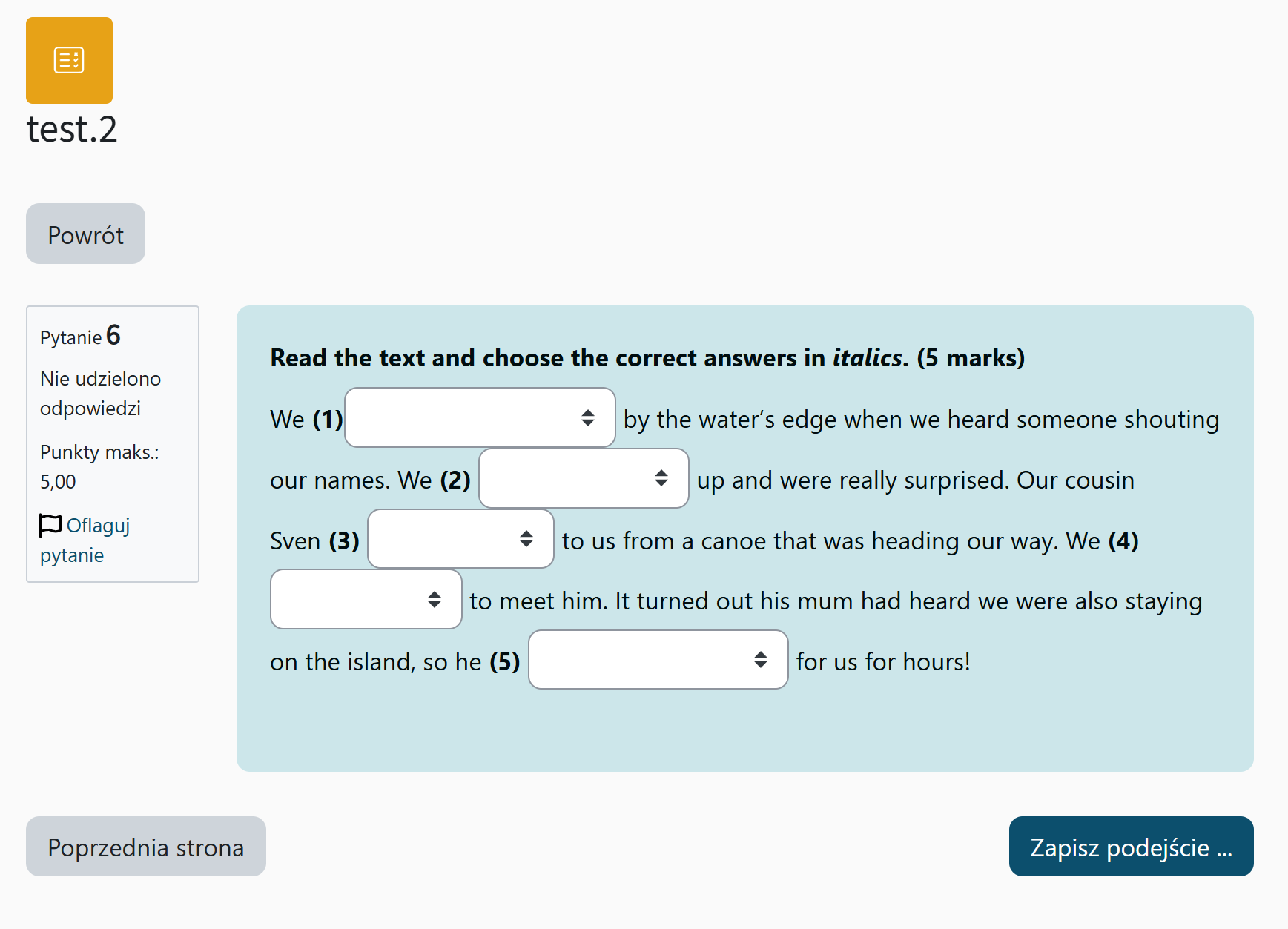 Widok pytania zagnieżdżonego przed wypełnieniem