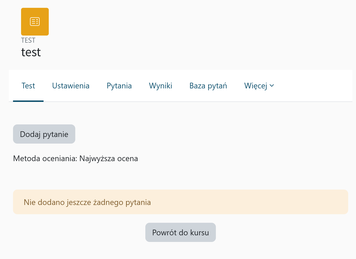 Widok przygotowanego testu bez zawartości
