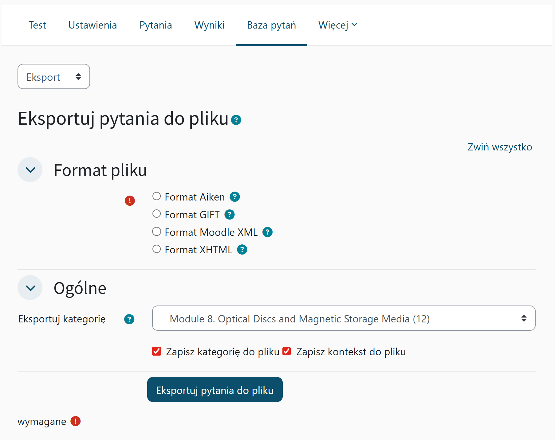 Eksport kategorii pytań z bazy pytań do pliku tekstowego