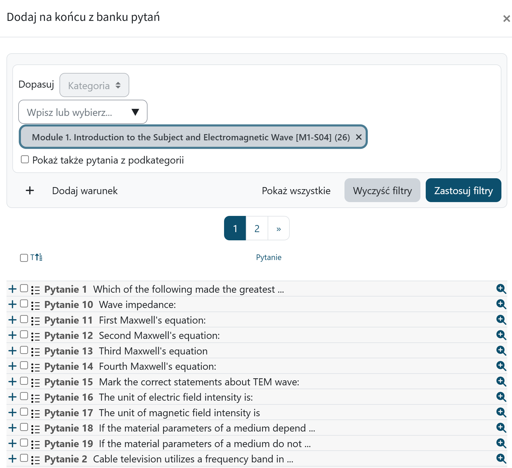 Dodawanie pytania z bazy pytań