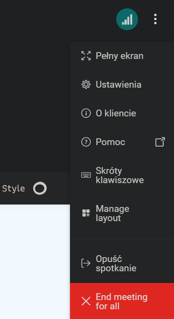 Ustawienia - prawy górny róg