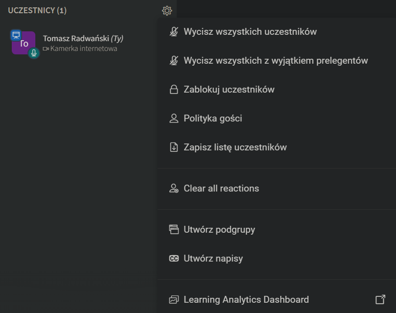 UCZESTNICY, ustawienia menu kontekstowego