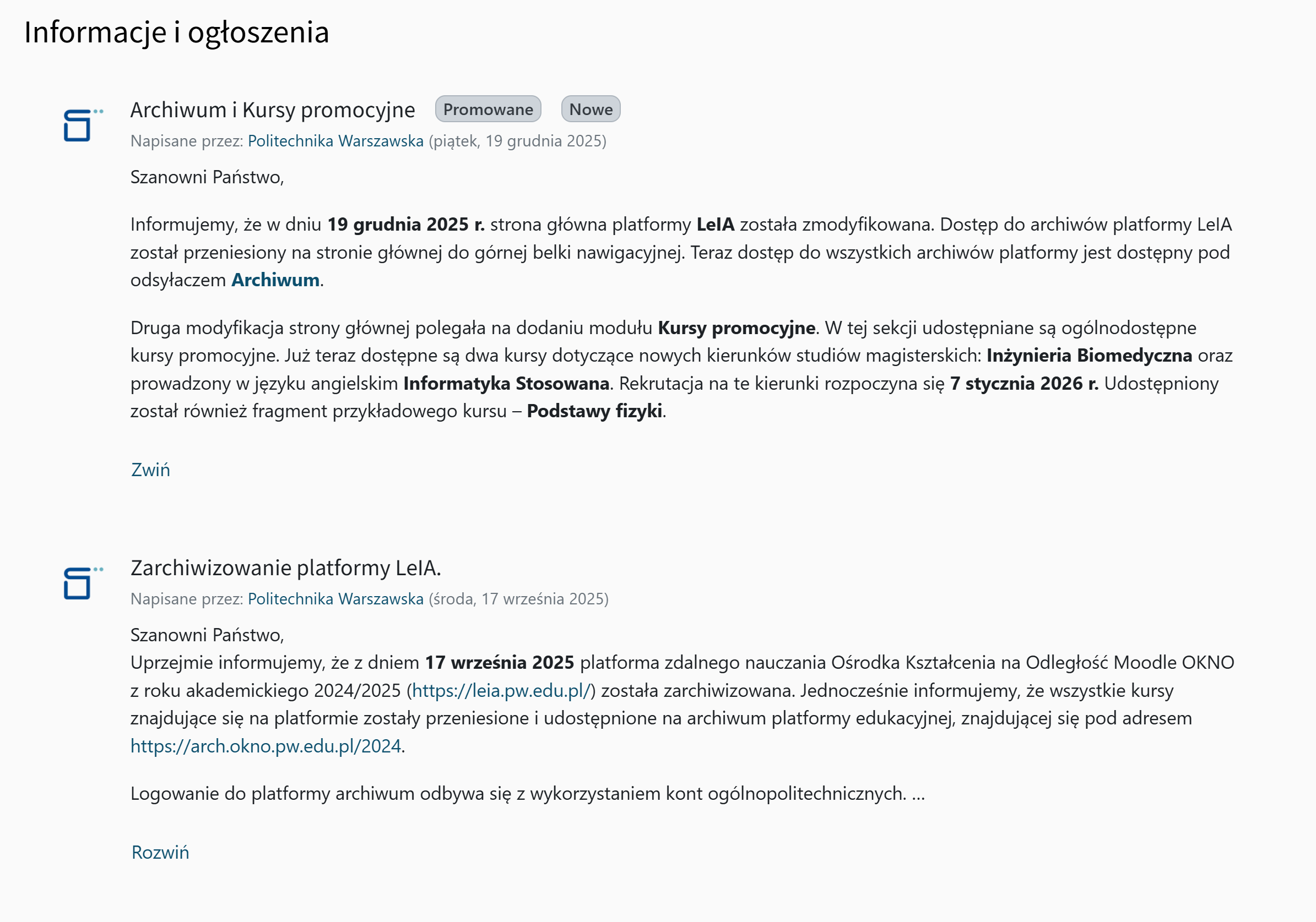 Sekcja Informacje i ogłoszenia na stronie głównej platformy LeIA