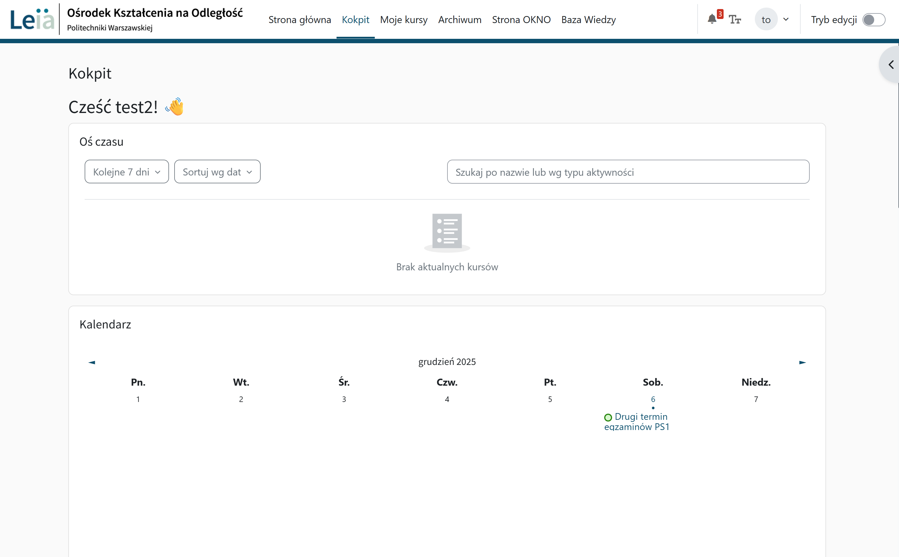 Widok pierwszej strony zalogowanego użytkownika