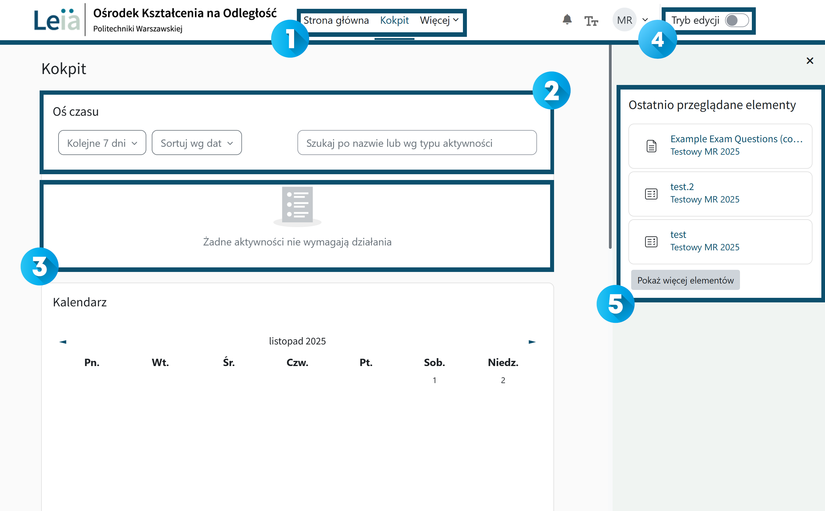 Kokpit użytkownika oraz obszary