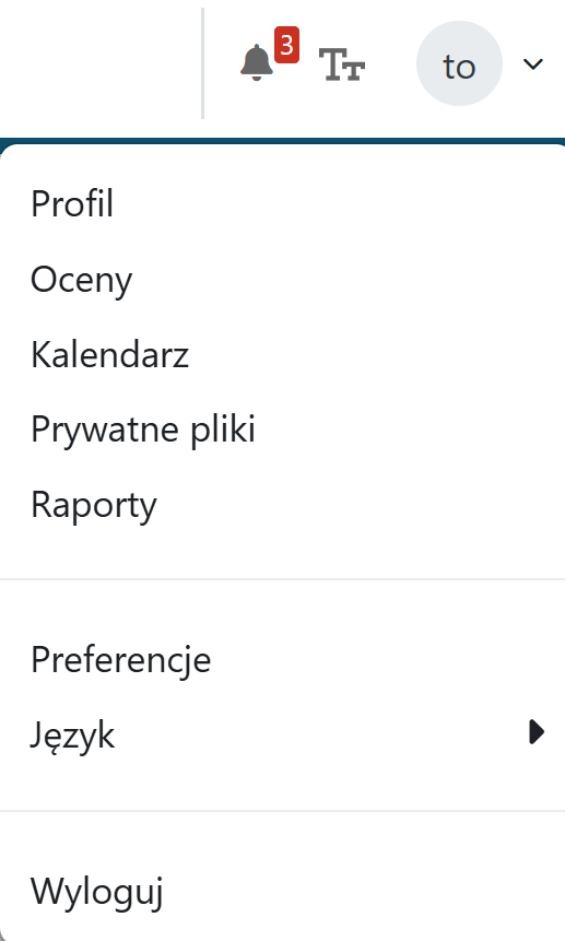 Menu ustawień profilu użytkownika