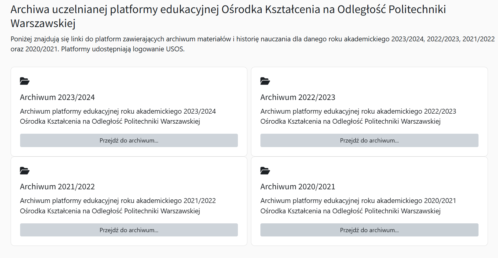 Sekcja Archiwum na stronie głównej platformy LeIA