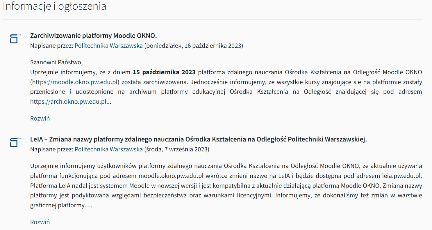 Sekcja Informacje i ogłoszenia na stronie głównej platformy LeIA