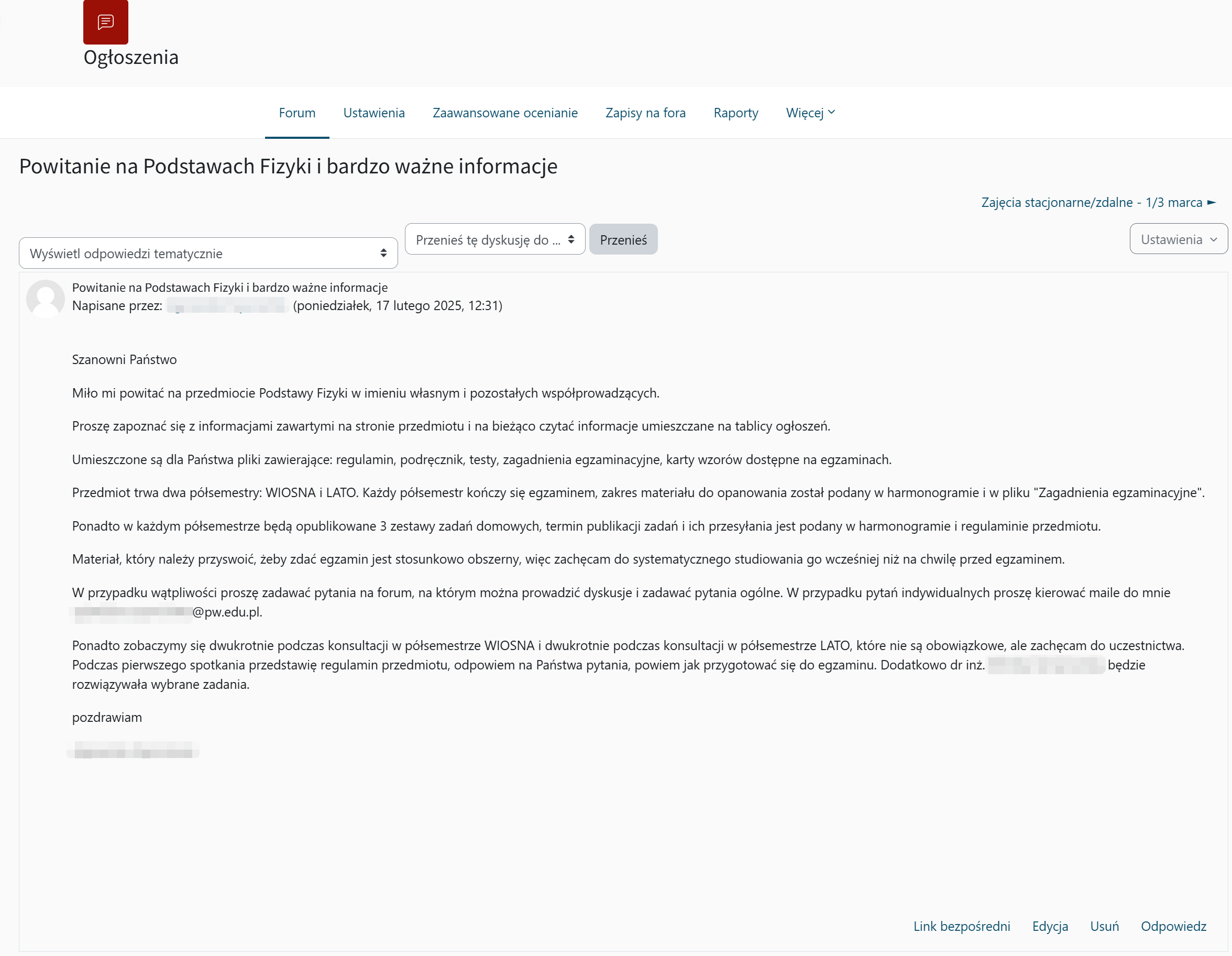 Przykład powitania na przedmiocie