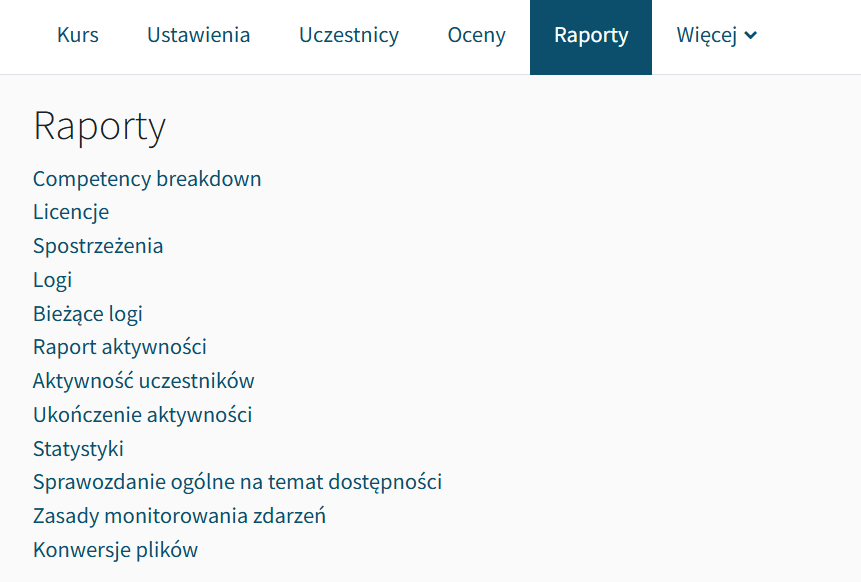 Podstawowy widok RAPORTY na belce kursu