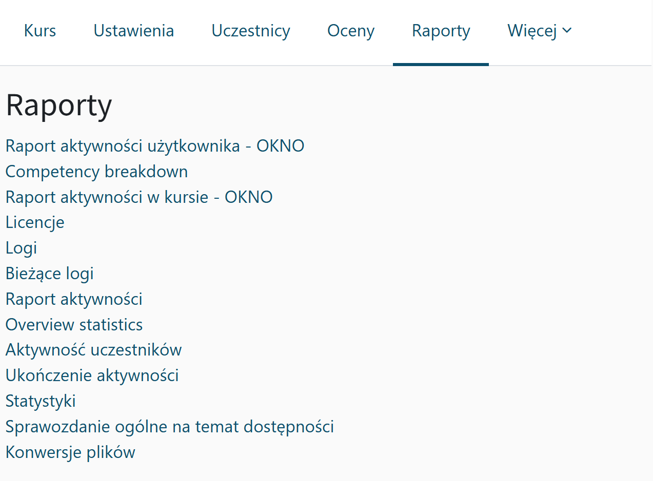 Podstawowy widok RAPORTY na belce kursu