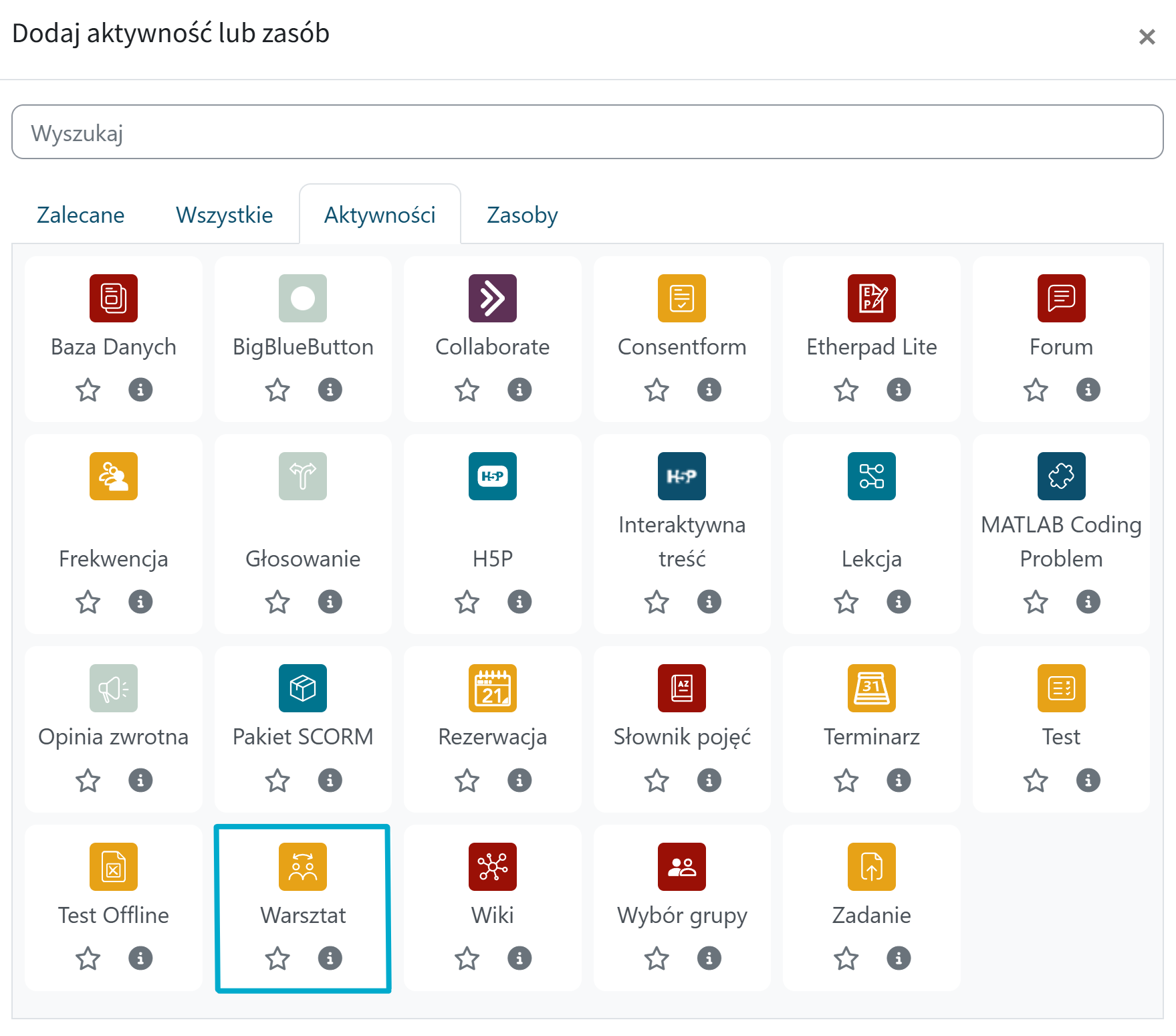 Pole dodające aktywność Warsztat