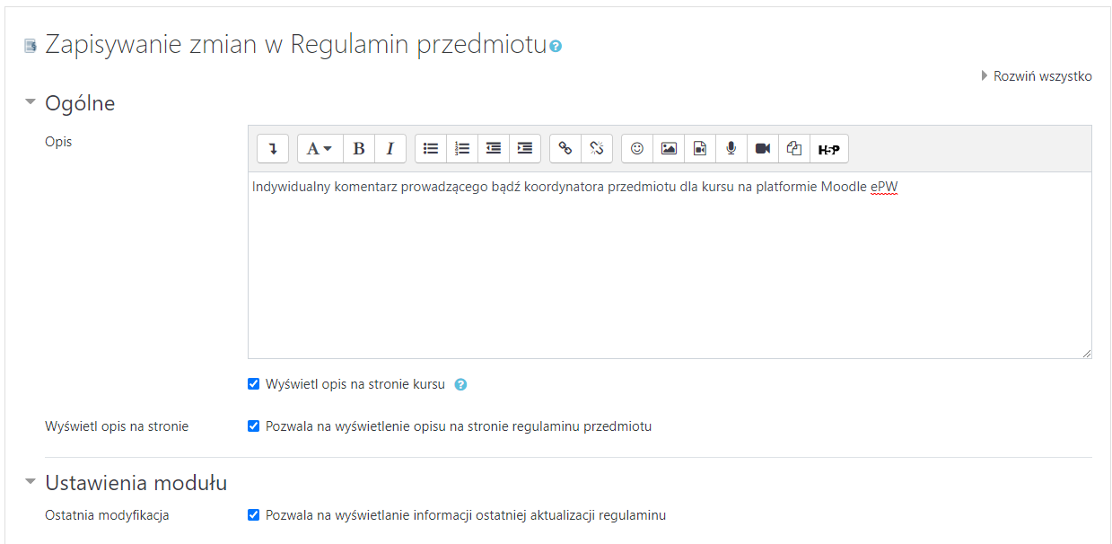 Ustawienia ogólne Regulaminu przedmiotu