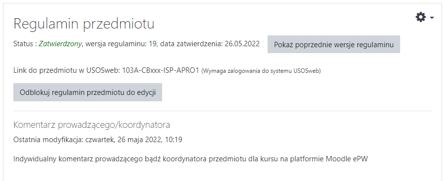 Przykład działania opcji pozwalającej na wyświetlenie opisu oraz daty ostatniej modyfikacji na stronie regulaminu przedmiotu