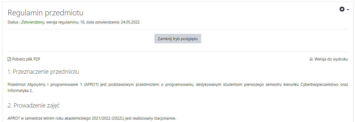 Podgląd wybranej wersji regulaminu