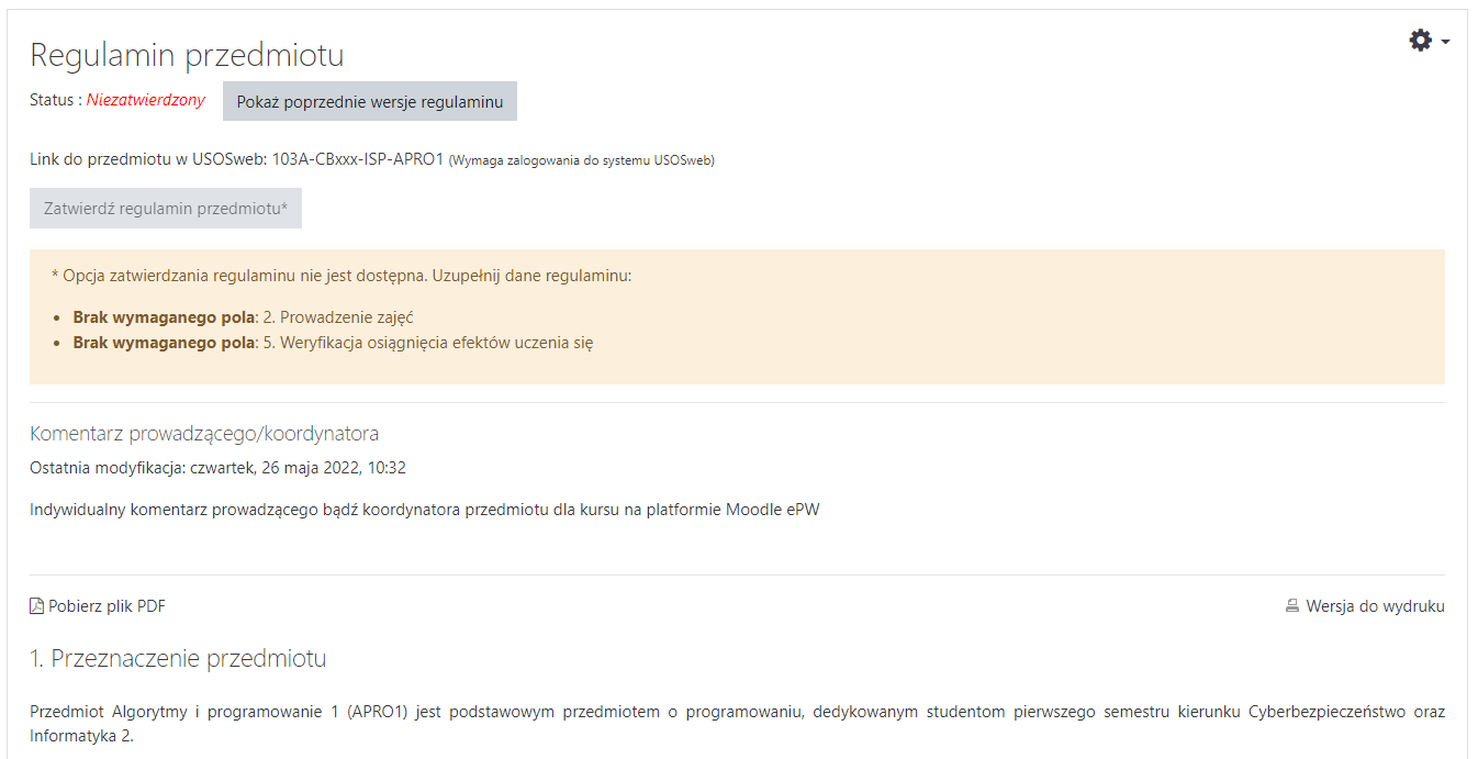 Sposób prezentacji brakujących danych w regulaminie przedmiotu