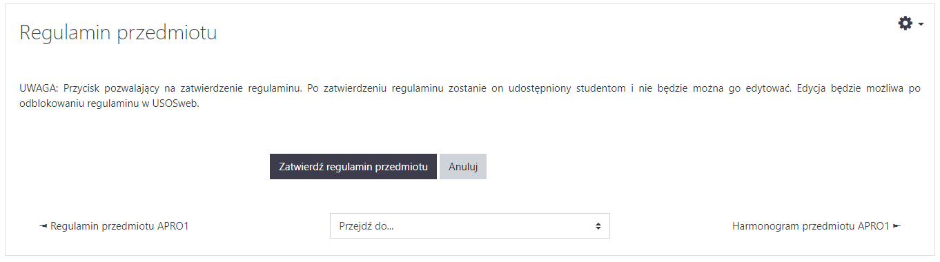 Okno dialogowe zatwierdzania regulaminu przedmiotu