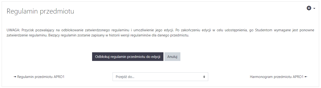 Okno dialogowe odblokowania regulaminu przedmiotu do ponownej edycji