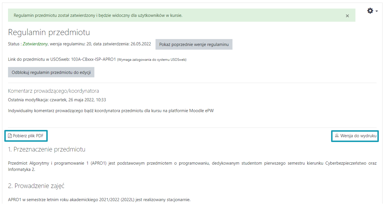 Dodatkowe elementy informacyjne Regulaminu przedmiotu