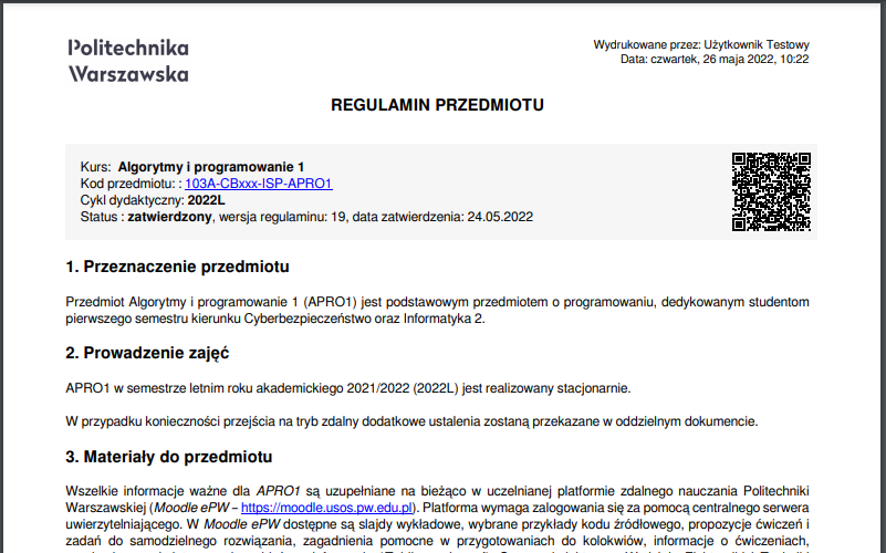 Przykład pliku PDF zawierającego regulaminu przedmiotu