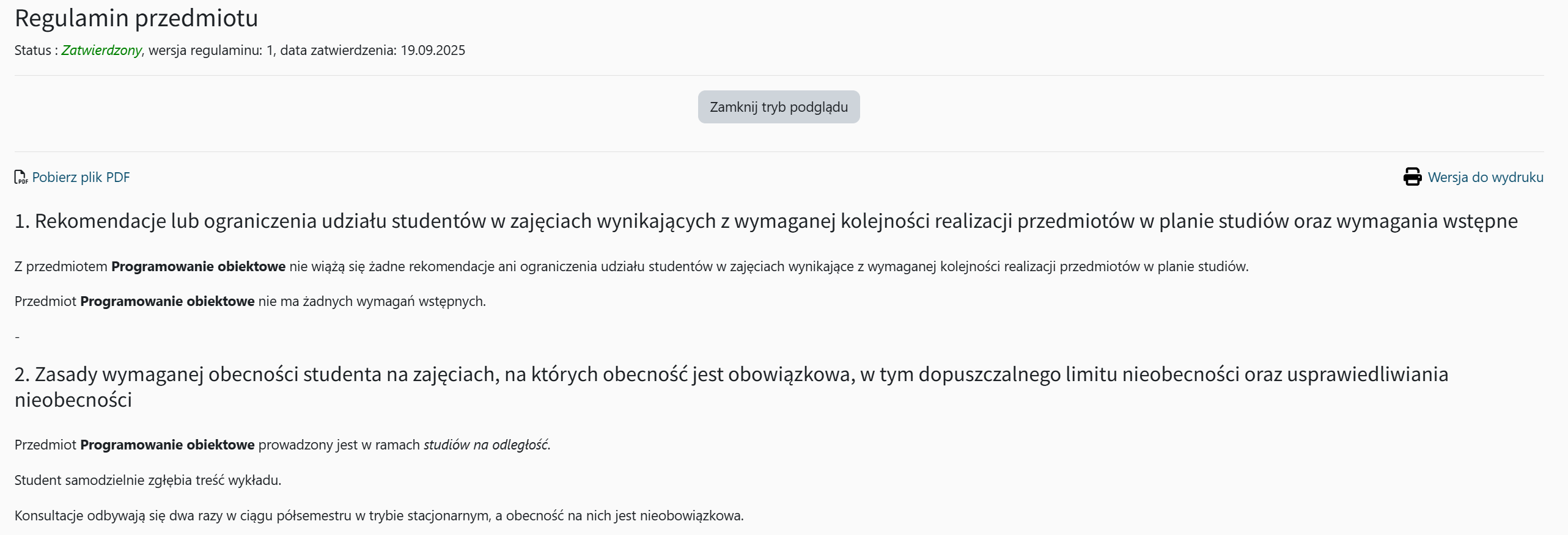 Podgląd wybranej wersji regulaminu