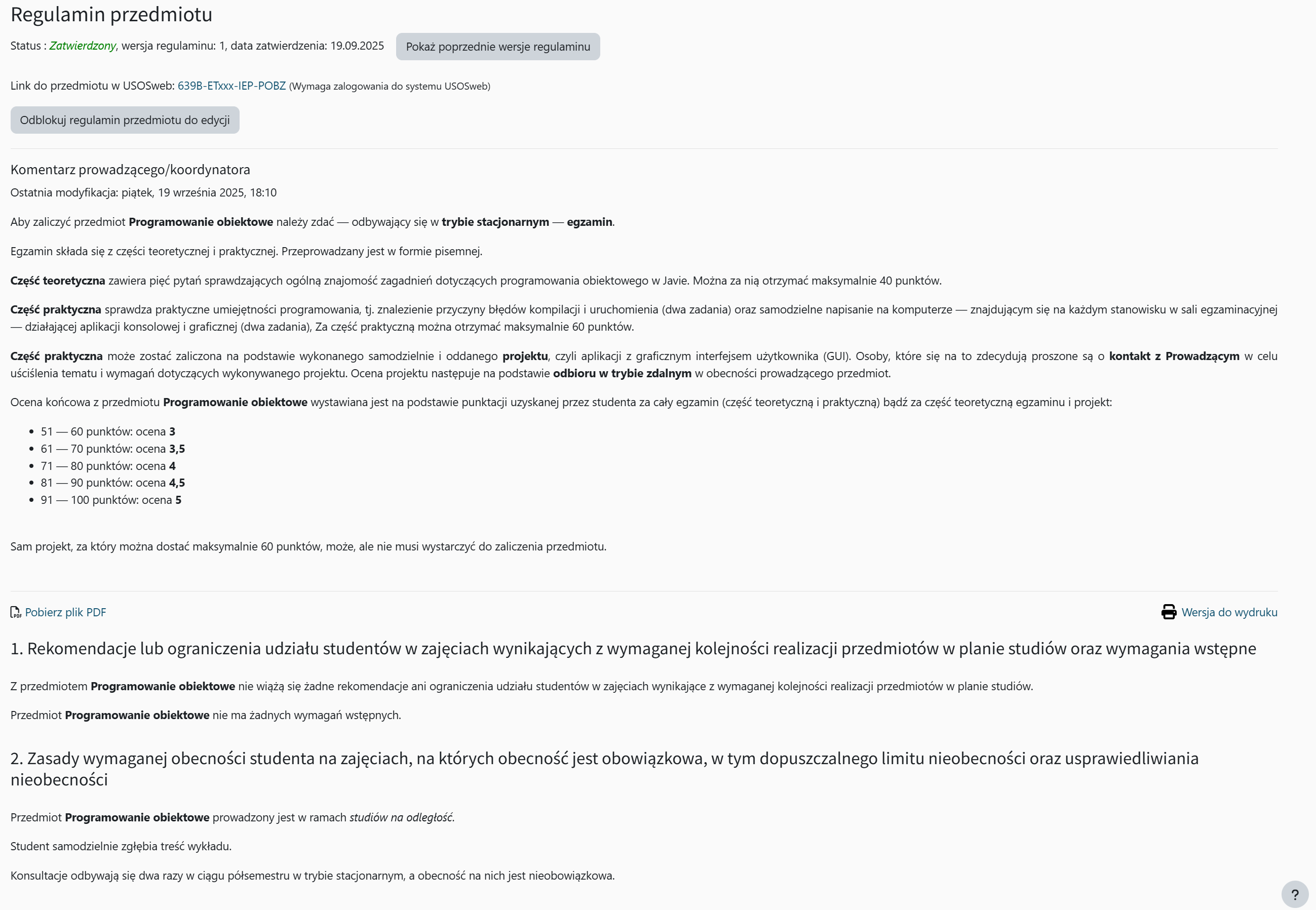 Zatwierdzenie regulaminu przedmiotu