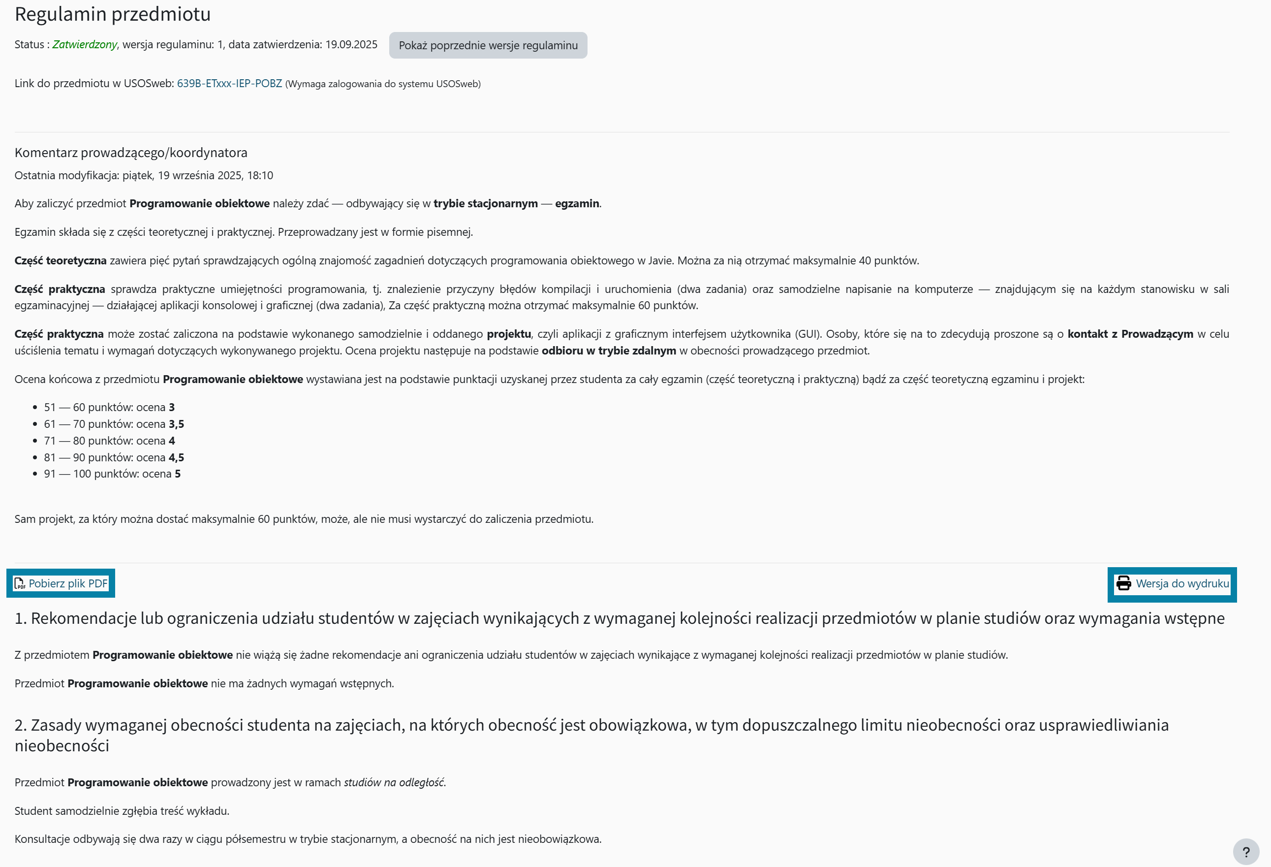 Dodatkowe elementy informacyjne Regulaminu przedmiotu