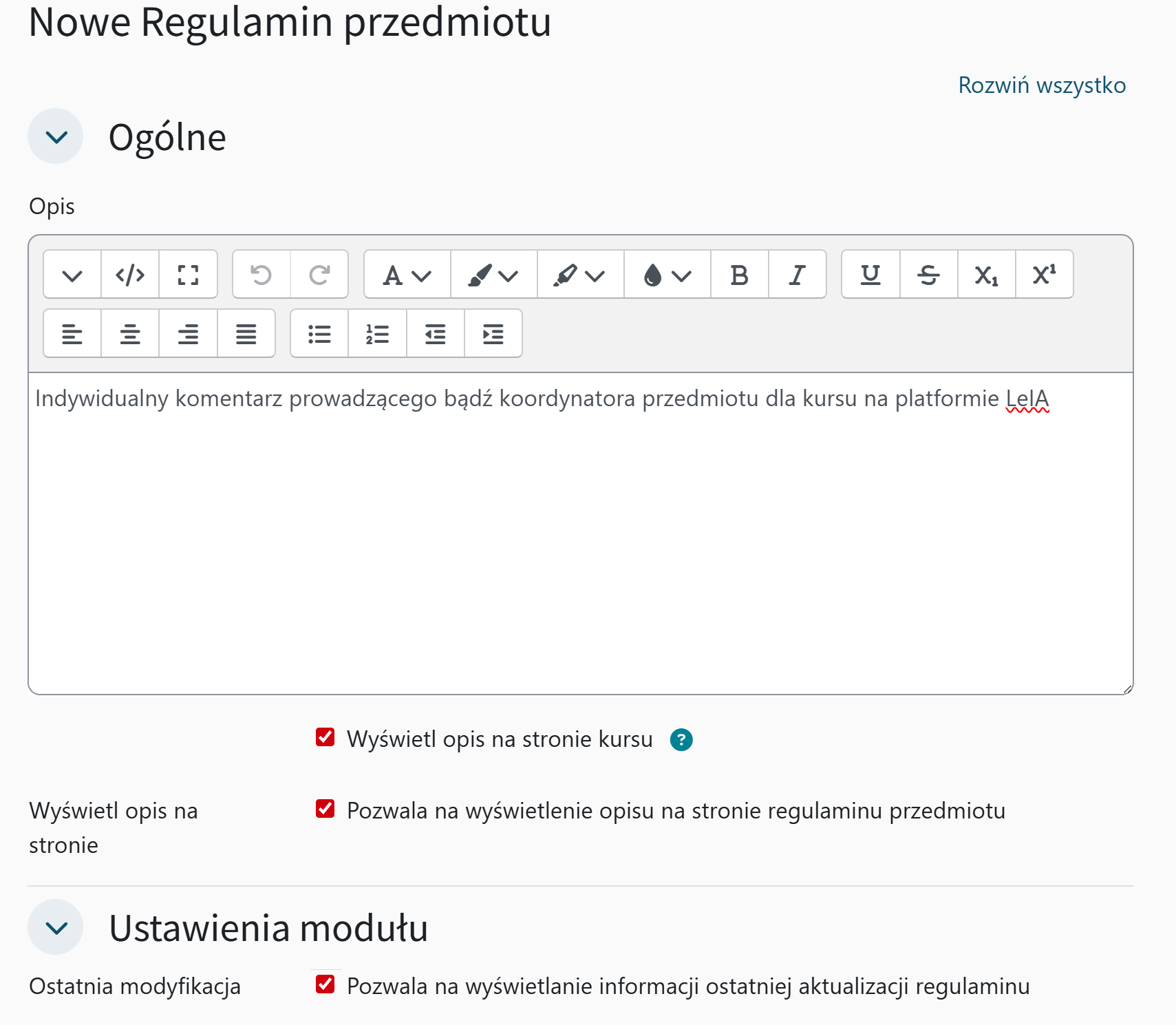 Ustawienia ogólne Regulaminu przedmiotu