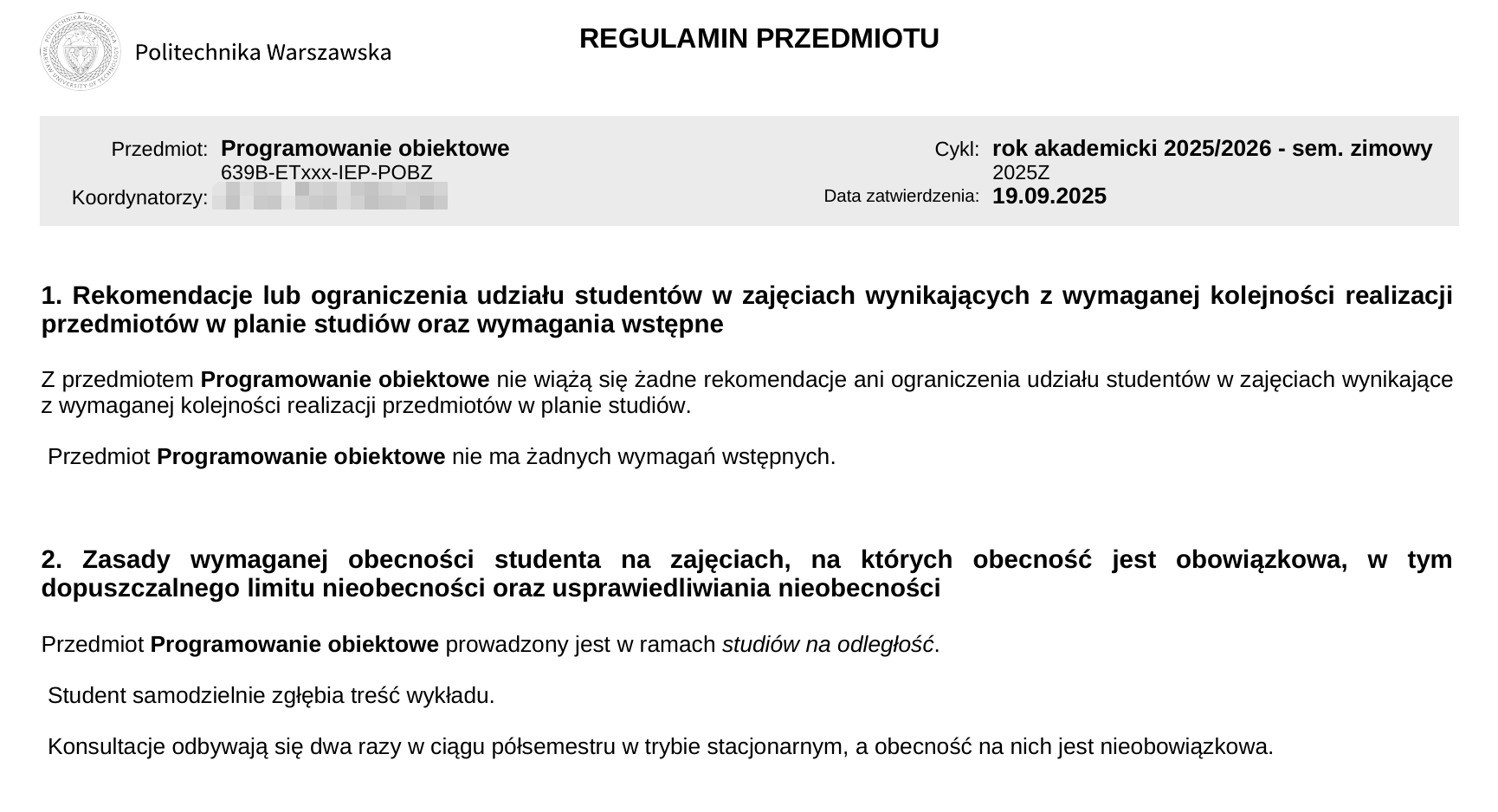 Przykład pliku PDF zawierającego regulaminu przedmiotu