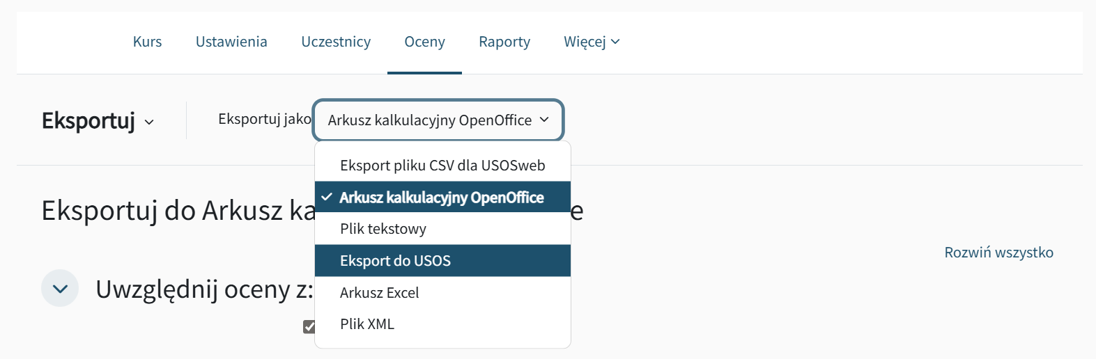 Widok tabeli ocen w kursie
