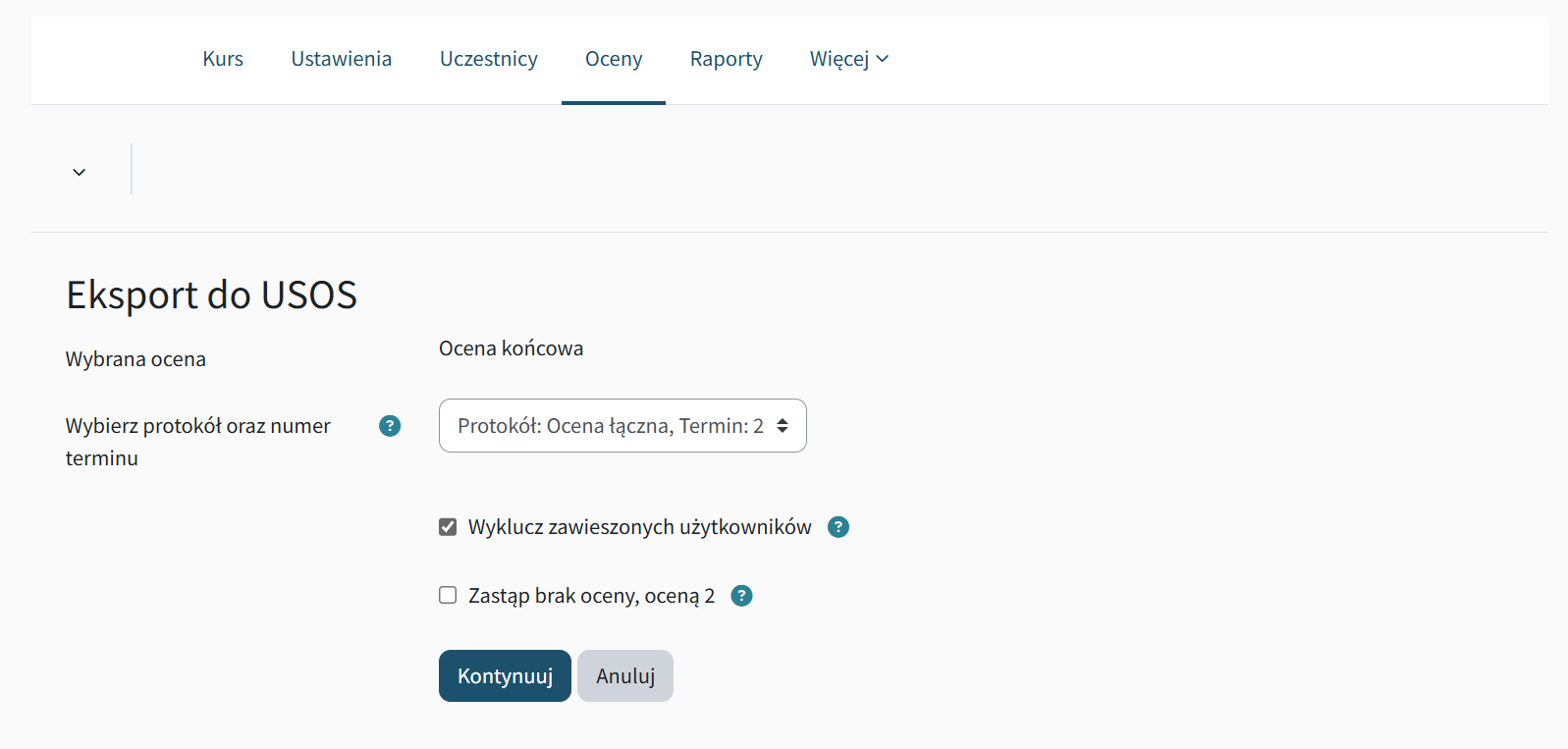 Widok tabeli ocen w kursie