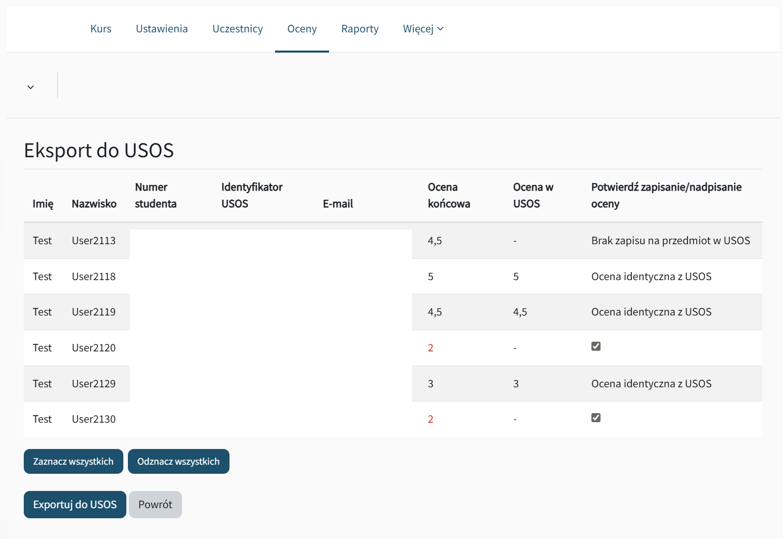 Widok tabeli ocen w kursie