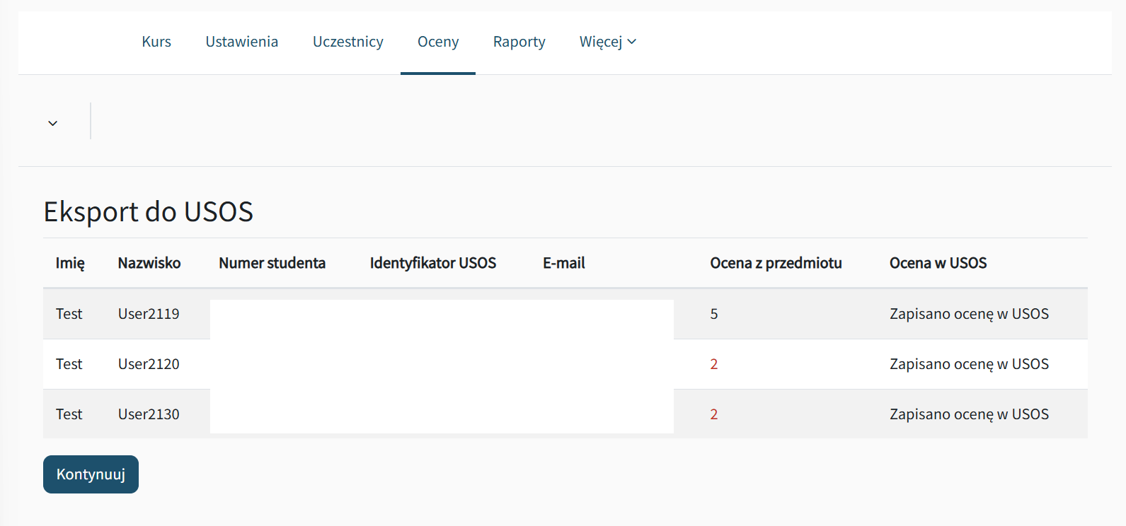 Widok tabeli ocen w kursie