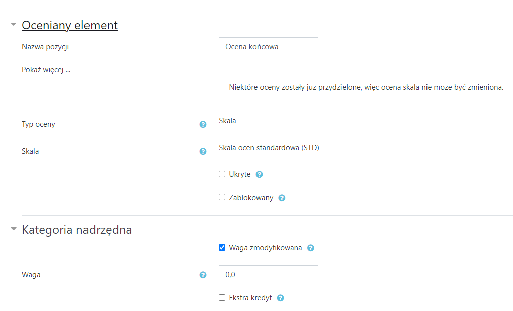Widok tabeli ocen w kursie