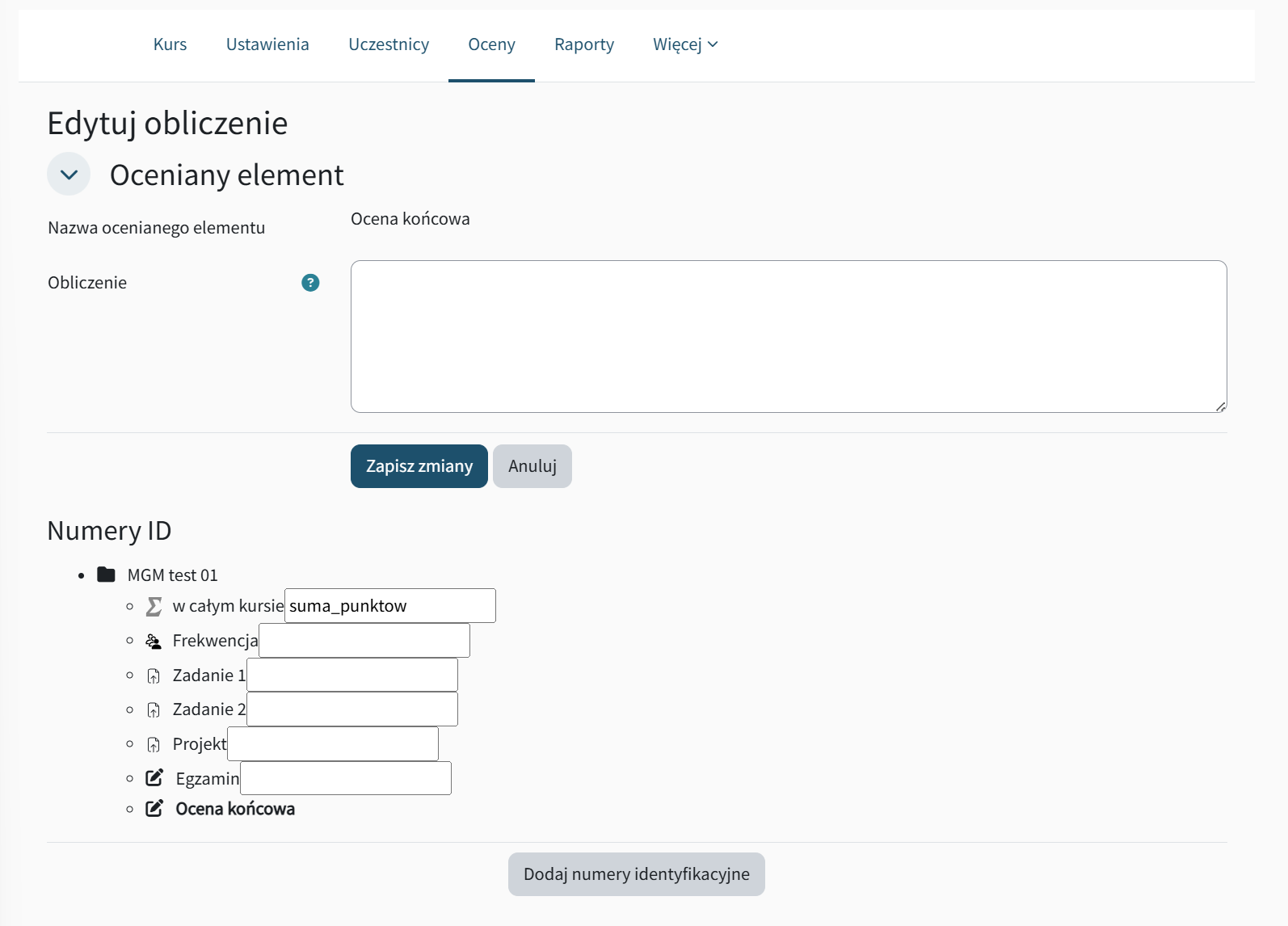 Widok tabeli ocen w kursie