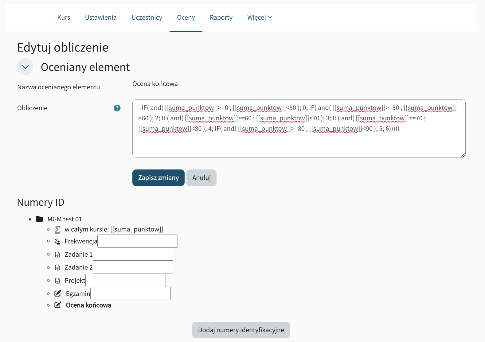 Widok tabeli ocen w kursie