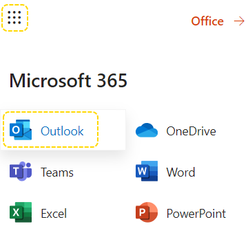 Lewe menu portalu office.com z zaznaczoną ikoną programu pocztowego Outlook