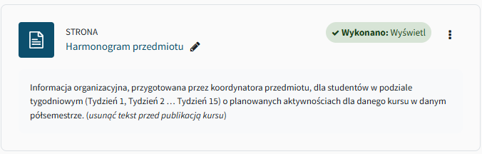 Harmonogram przedmiotu z informacją organizacyjną dla studentów