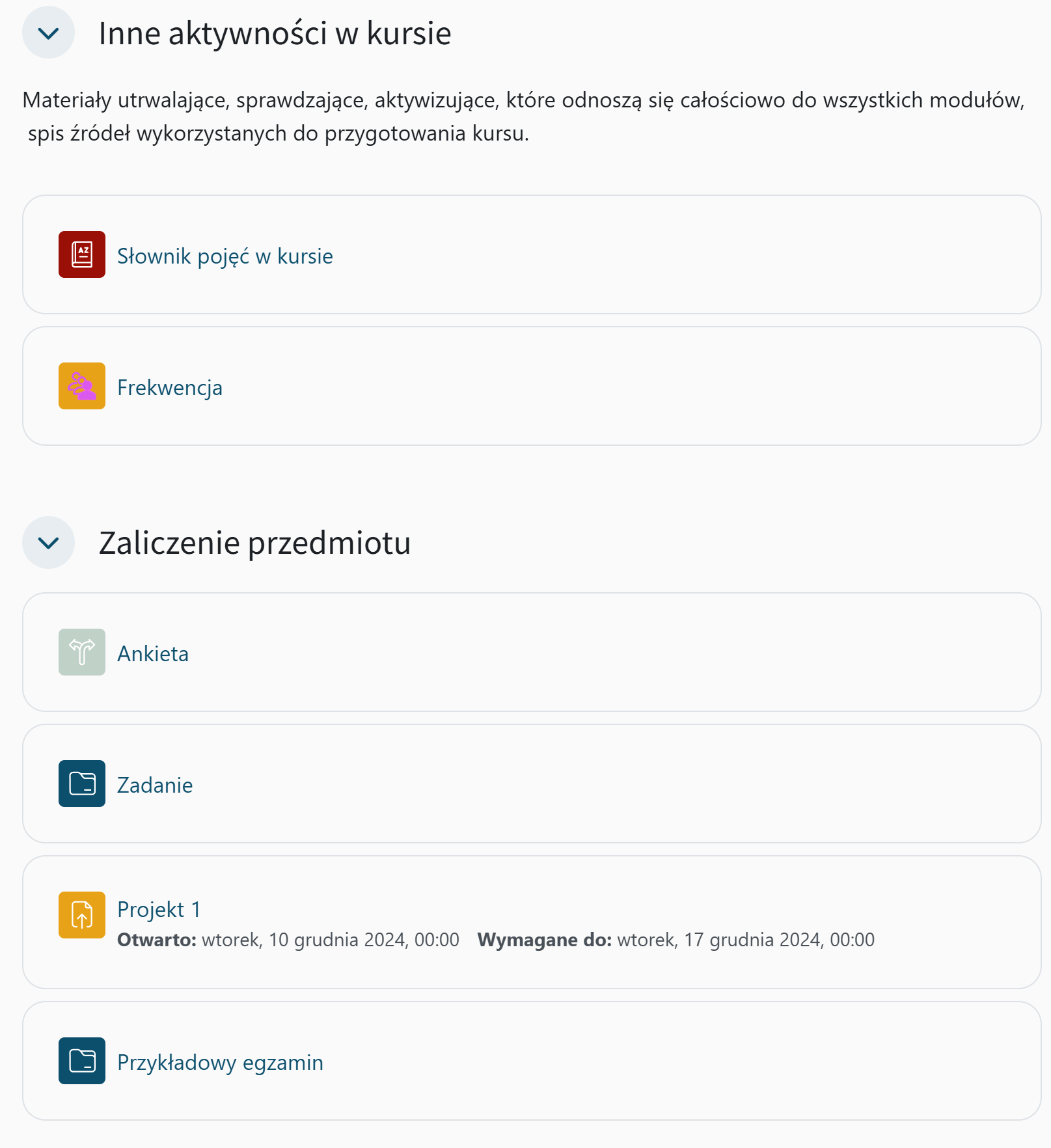 Widok sekcji Inne aktywności w kursie, Zaliczenie przedmiotu