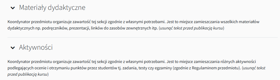 Widok sekcji Materiały dydaktyczne, Aktywności