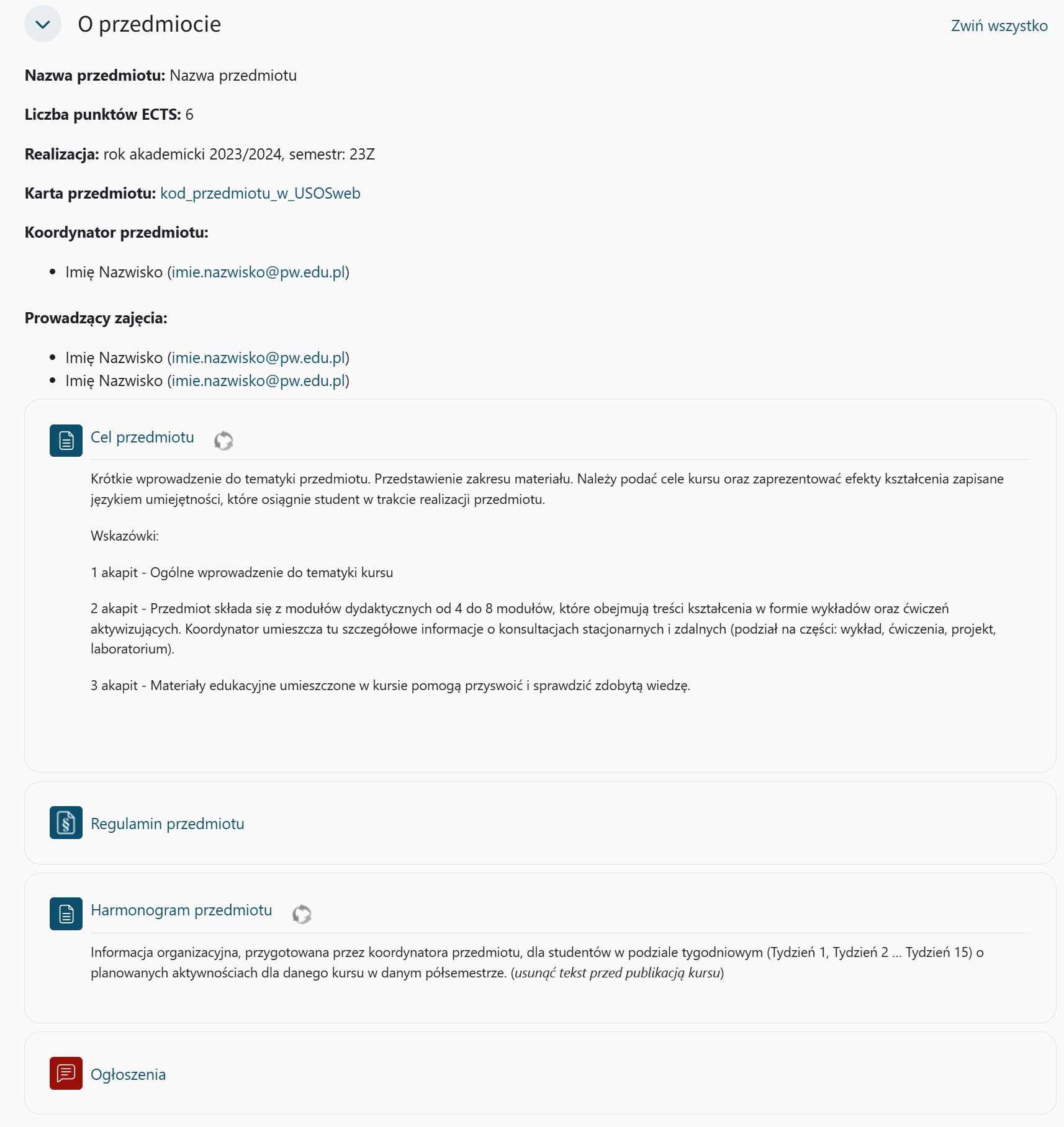 Widok sekcji O przedmiocie