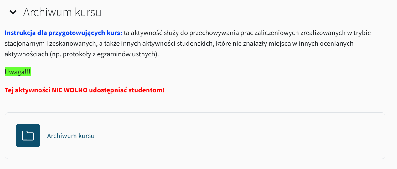 Widok sekcji Archiwum kursu