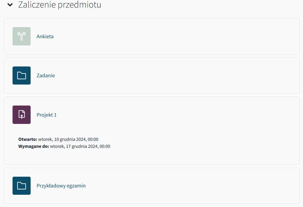 Widok sekcji Zaliczenie przedmiotu