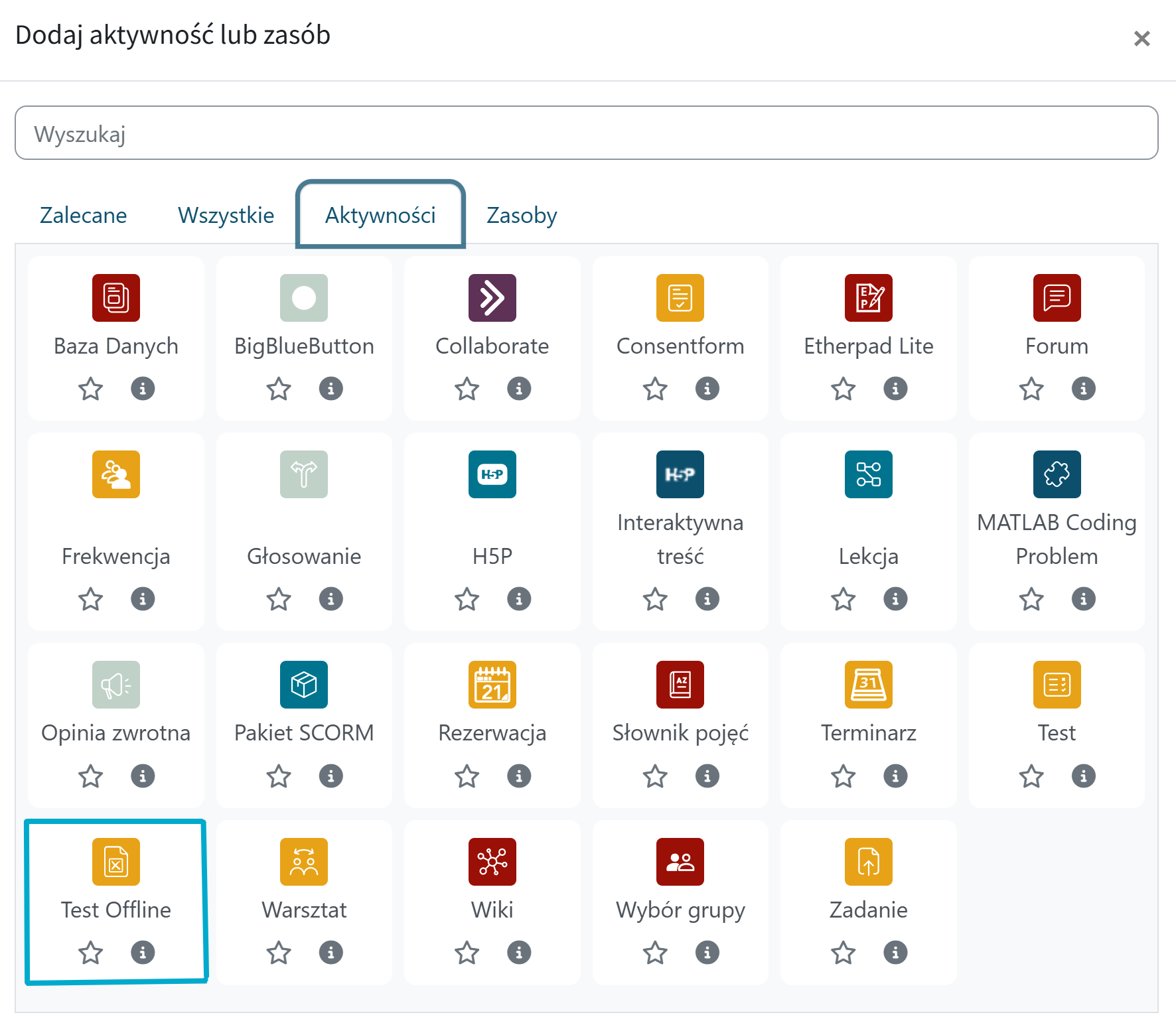 Pole dodające aktywność Test Offline